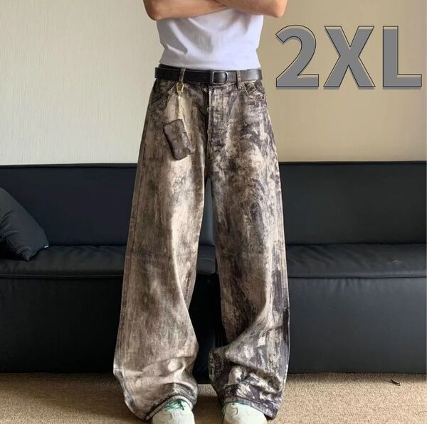 【メンズ2XL】ウォッシュドデニム風 リアルツリー柄 カモ柄 迷彩 デニム ワイドパンツ 韓国 y2k 2XL ワイドデニム