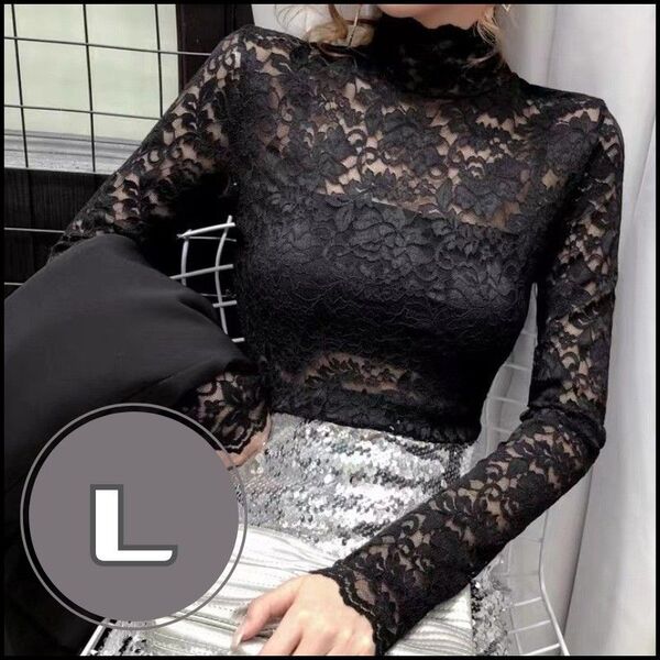 【ブラックLサイズ】レディーストップス レース シースルー L 着痩インナー 花柄 ブラック 黒 Lサイズ