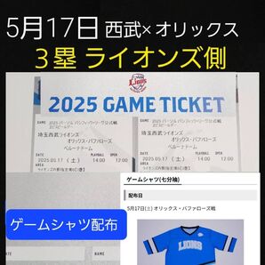 5月17日(土) ベルーナドーム 埼玉西武ライオンズvsオリックスバファローズ 3塁側B指定席2枚