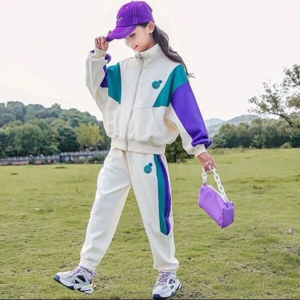 キッズジャージ 上下セット 160cm ホワイト/パープル/グリーン ダンス スポーツ セットアップ 子供服