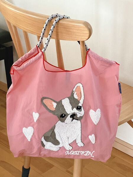 人気 エコバッグ 刺繍 フレンチブルドッグ ピンク パラコード Mサイズ