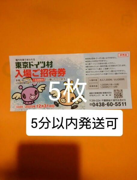 東京ドイツ村 入場ご招待券 チケット5枚 入園ご招待券 入園券 割引券 クーポン 無料券 無料チケット