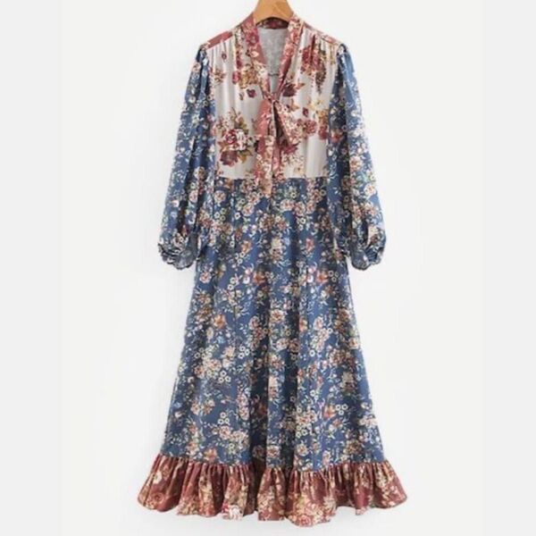 ザラ ZARA WOMAN 花柄ワンピース ボウタイ M マルチカラー