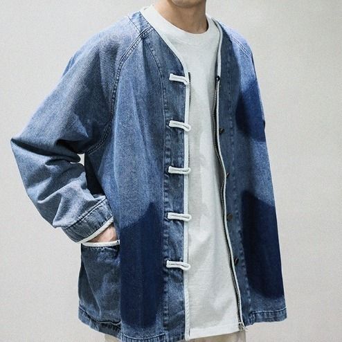 デニム ジャケット ブルー 2XL リメイク風 カバーオール ノーカラー