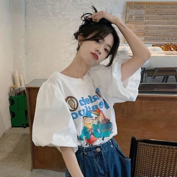 ボリューム袖 レディース Tシャツ ふんわり クルーネック 五分袖 プリント