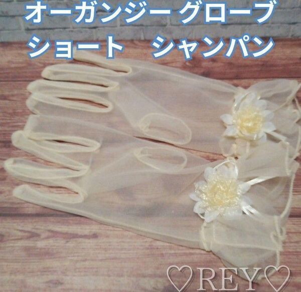 ウエディンググローブ ショート シャンパン色 オーガンジー 花 花嫁 結婚式