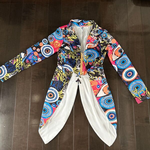 カラフル 総柄 ジャケット 個性的 派手 170cm→細身M相当 レディース 衣装 ダンス 燕尾 前チャック 美品 オシャレ 中古