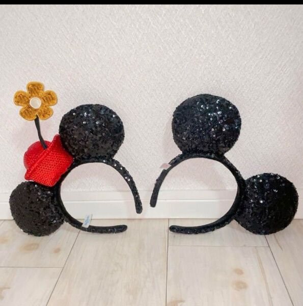2個 セット ブラック ミッキー ミニー レトロ カチューシャ ディズニー ランド シー パルパルーザ Disney スパンコール