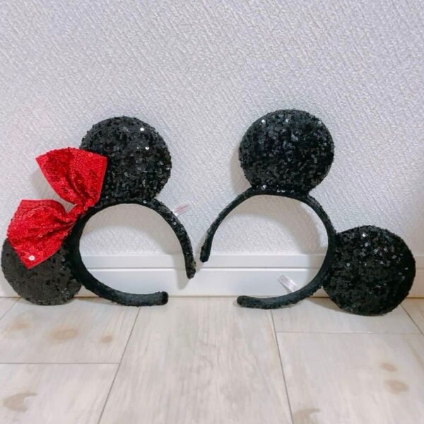 ミッキー ミニー カチューシャ ディズニー ランド シー パルパルーザ スパンコール ブラック ノーマル 2個 セット