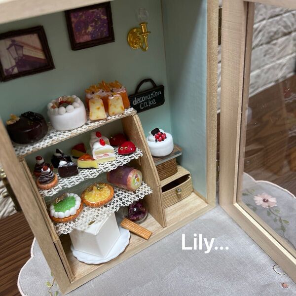 ハンドメイド ミニチュア ケーキ屋さん ウッドBOX開き扉付き