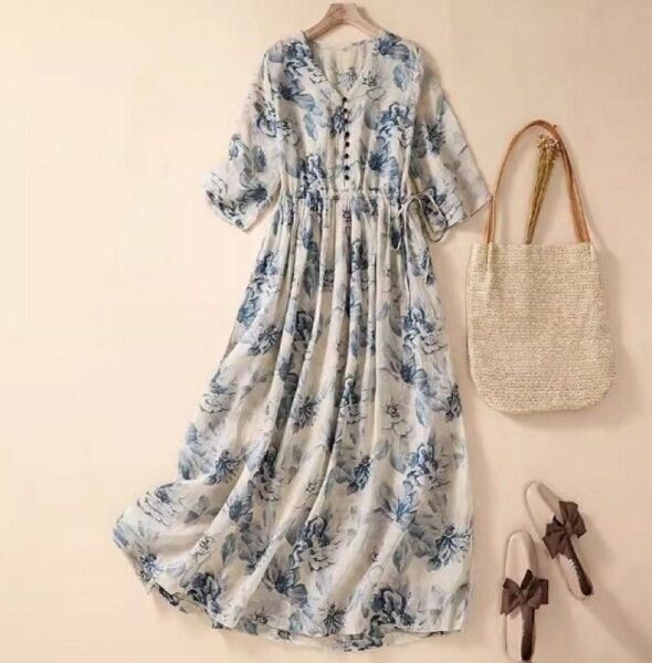 七分袖 花柄ワンピース 綿麻ワンピース 体型カバー 春 夏 ロングワンピース マキシ丈 薄手 夏新入荷~ 復古風 花柄ワンピース