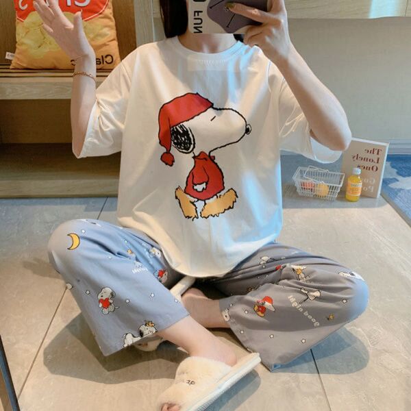 スヌーピー プリント Snoopy パジャマ 半袖 春・夏 上下2点セット ゆったり部屋着 半袖 ルームウェア セットアップ XL