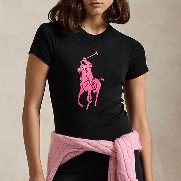 RALPH LAUREN ラルフローレン コットン リブド Tシャツ ミニT ちびT 半袖 カットソー 黒 ブラック y2k