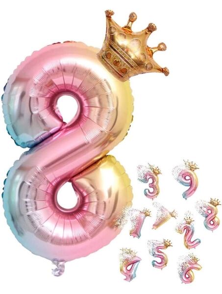 誕生日 バルーン 数字 8 虹色 ピンク パーティー 飾り風船 王冠 32インチ