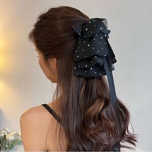 キラキラ リボン ブラック ヘアクリップ ヘアアクセサリー 韓国 髪飾り 髪留め ヘアアレンジ 結婚式 パーティー