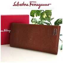 美品 フェラガモ Salvatore Ferragamo イタリア製 スマート レザー 長財布 シンプル キャメル ブラウン ベージュ 茶色 レディース メンズ_画像1