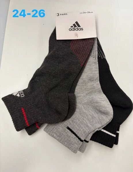 adidas アディダス 靴下 ソックス メンズ 3足組 約 10cm丈 ブラック、ダークグレー、グレー 24〜26cm