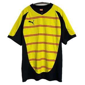 PUMA サッカーユニフォーム XL 黄色×黒×赤ボーダー 刺繍ロゴ Vネック
