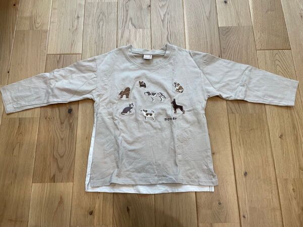 プティマイン Tシャツ DOGS 長袖Tシャツ キッズ 子供服 ロンT 男の子 女の子 ベージュ バイカラー 犬 刺繍 110