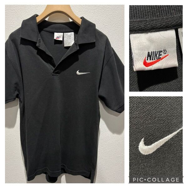 NIKE 90s 銀タグ ワンポイント刺繍ロゴ 半袖ポロシャツ黒スウォシュ