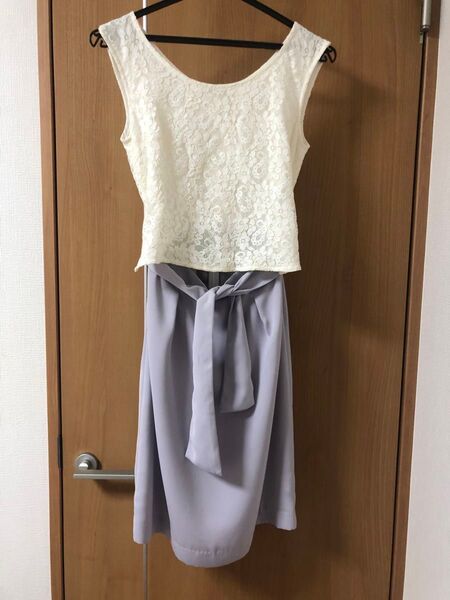 【プロポーションボディドレッシング 】白アイボリー色のレース×紫セットアップ風ワンピース 結婚式 二次会
