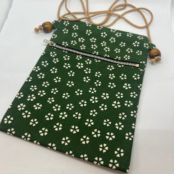 お祭りポシェット 江戸紐/ベージュ 小桜柄 サコッシュ ハンドメイド 携帯ショルダーバッグ ショルダーバッグ