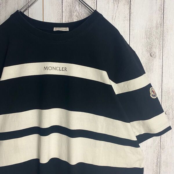 【QR確認済☆XL】MONCLER モンクレール ラバーロゴ Tシャツ 半袖 ブラック 黒 ボーダー