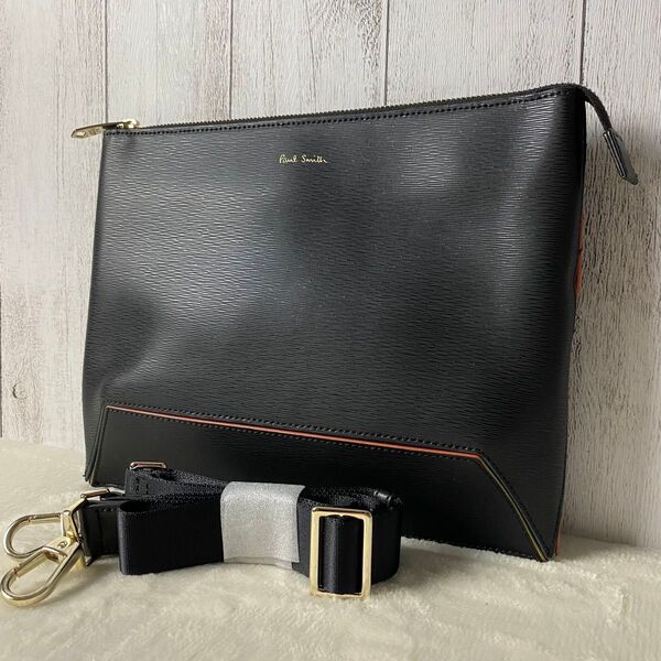【極美品】Paul Smith ポールスミス ショルダーバッグ 2way クラッチバッグ ブラック レザー マルチストライプ