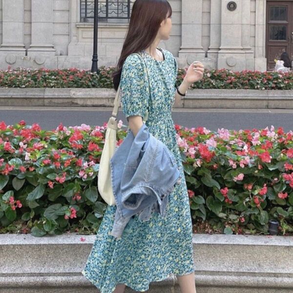 花柄ワンピース L ブルー リゾート 半袖 フラワー ロングワンピ レディース