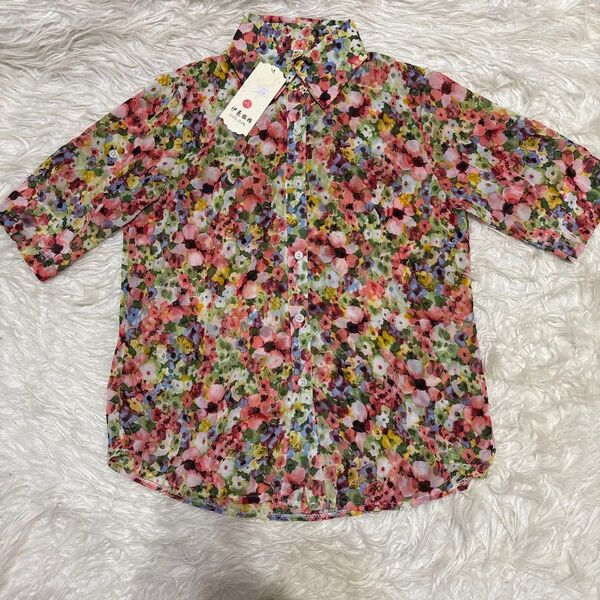 未使用レディースシャツブラウス ロールアップ 花柄 シャツ 七分袖 サイズL