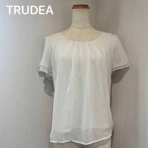 値下げ!トルディア TRUDEA 異素材 シフォン 半袖 カットソー ホワイト
