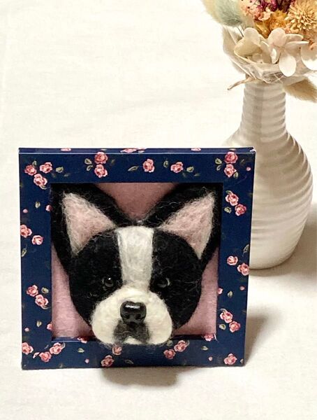 羊毛フェルト犬 フレンチブルドッグの額縁 ハンドメイド