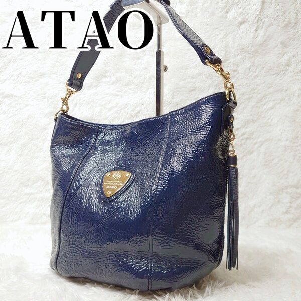 【美品】ATAO アタオ ハンドバッグ キャンディ エナメル 撥水加工 タッセル ゴールド金具 肩掛け ブルー