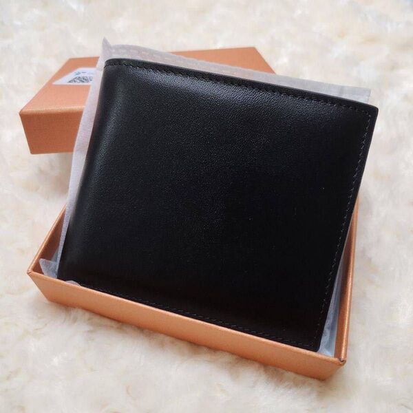 新品 箱あり 二つ折り財布 本革 メンズ コンパクト 黒 ブラック 小銭入れあり 大容量 カード 牛革 シンプル スキミング防止