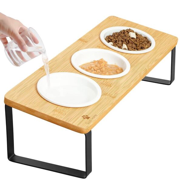 新品 猫用 餌台 エサ入れ 皿 ボウルスタンド 水 おやつ キャットフード 陶器 竹 おしゃれ 多頭飼い ご飯