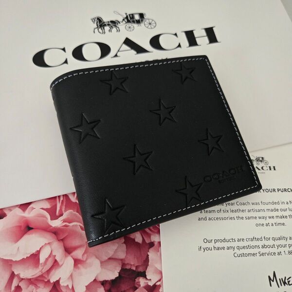 【新品未使用】COACH コーチメンズ 二つ折り財布 レザー スタープリント 黒