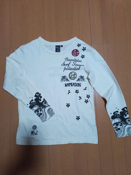波達ロンT 長袖Tシャツ Mサイズ オフホワイト 和柄