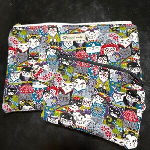H-051 ハンドメイド フラットポーチ 歌舞伎猫柄 小ポーチ追加