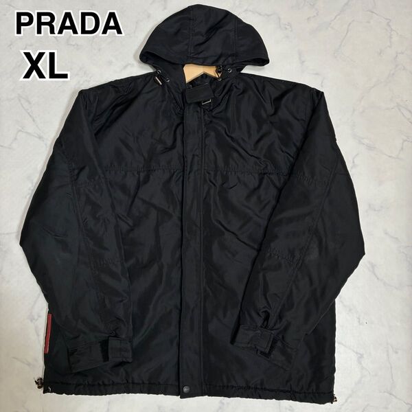 PRADA ヴィンテージ プラダ プラダスポーツ ナイロンジャケット ジップアップ フード一体 中綿 ブラック 黒 XL