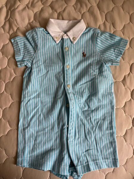 【美品】ラルフローレン ロンパース 半袖 水色 ストライプ 70センチ 男の子 子供服 ベビー服 半袖