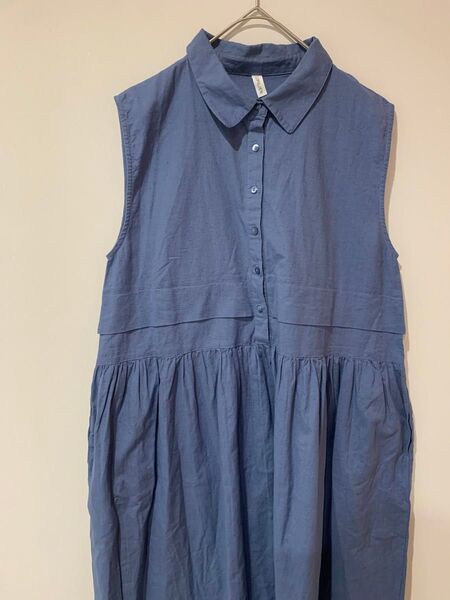 【極美品】LUPILIEN ノースリーブシャツロングワンピース綿麻混 ブルー