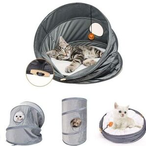 猫 トンネルベッド 猫ハウス 猫のハウス猫 おもちゃ トンネル冬用 夏用 通用折りたたみ式、洗えるグレー