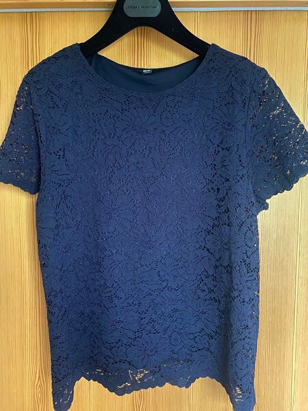 ユニクロ UNIQLO Tシャツ カットソー 総レース ストレッチ ネイビー 紺色 Lサイズ 半袖 クルーネック エレガント
