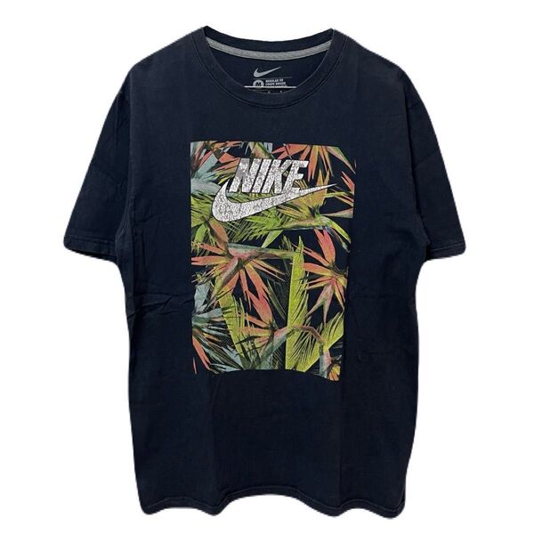 NIKE ナイキ 古着 ボタニカル スウォッシュロゴ クルーネック Tシャツ クラック加工 ブラック Mサイズ