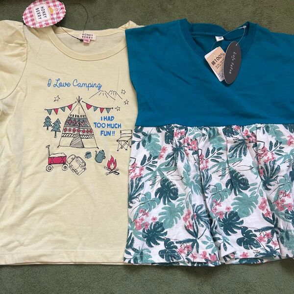 110cm 女の子 新品未使用 半袖 ノースリーブ Tシャツ カットソー 黄色 青 花柄