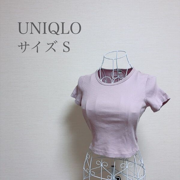 【美品】UNIQLO ショート丈リブニットトップス ピンク 半袖 シンプル S