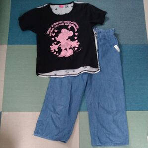 女の子 洋服 夏服 半袖 上下 セットアップ Tシャツ ガウチョパンツ 160 ミニーちゃん ディズニー