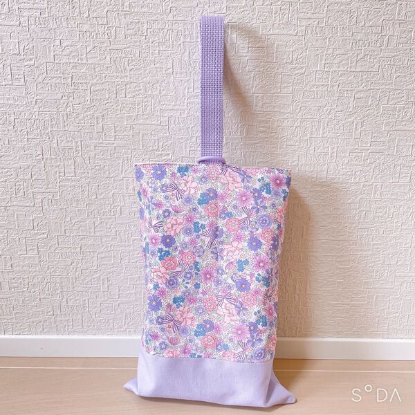上履き入れ シューズバッグ ハンドメイド リボン花柄パープル