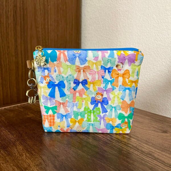 ☆ハンドメイド☆ yukiemon リボンコレクター マチあり 少し大きめ ミニポーチ ナスカン付