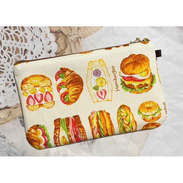 ☆ハンドメイド☆ サンドウィッチ クロワッサン ベーグル パン ふんわり フラットポーチ【L】